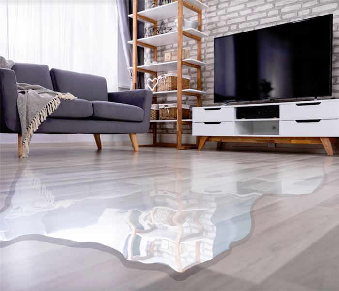 a flooding living room with water covering the floor