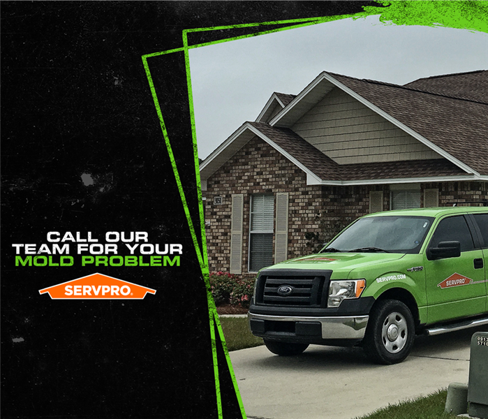 SERVPRO truck in front of a home with  caption: "Call Our Team For Your Mold Problem" 